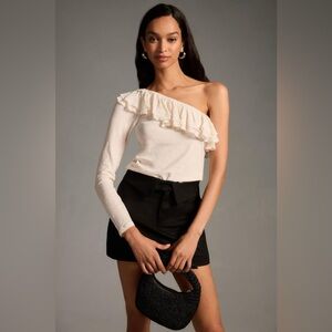 By Anthropologie Ruffle One-Shoulder Top NWT Career Blouse Medium Light Sand